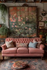 Inviting vintage living room with a pink tufted sofa and floral decor against an elegant painted backdrop.