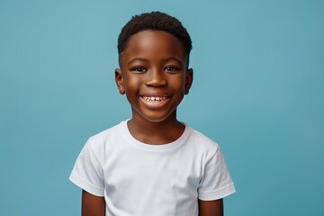 happy black boy wearing white t-shirt, in the style of mockup, blue background