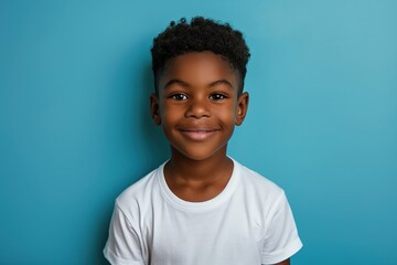 happy black boy wearing white t-shirt, in the style of mockup, blue background