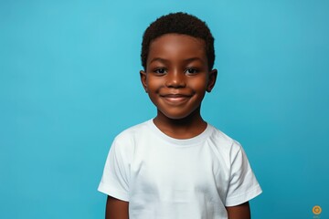 happy black boy wearing a white t-shirt in the style of a mockup, on a blue background