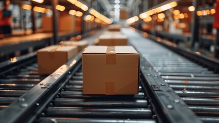 Flat shot of boxes on conveyor belt in warehouse, close-up, motion blur