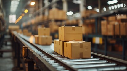 cardboard boxes on conveyor belt in warehouse, blurred background