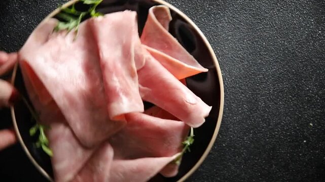 ham spam pork meat fresh meal food snack on the table copy space food background rustic top view