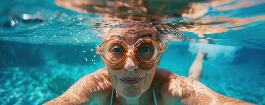 Mature woman swimming in the open ocean with classmates. Free copy space for text.