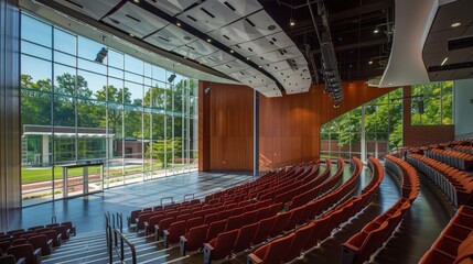 Naklejka premium Empty Auditorium Seats with Large Windows.