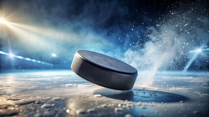 Close-up shot of a hockey puck in motion , sports, game, ice, hockey, puck, dynamic, speed, action, competition, equipment, close-up