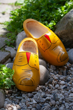 Pair of Dutch traditional wooden shoes outdoor close up