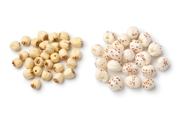  Heap of puffed Lotus seed, Makhana and a heap of dried lotus seed close up isolated on white background