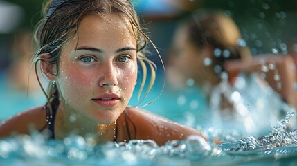 Obraz premium Young Woman Swimming Laps in an Outdoor Pool
