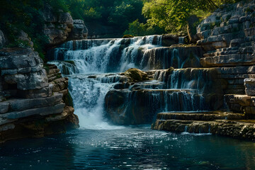 Naklejka premium Waterfall in a Forest Realistic Image