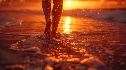 Silhouette of a person walking barefoot in shallow water during a stunning sunset.