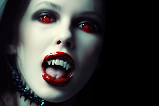 Beautiful pale female vampire woman with red lips, sharp teeth and red eyes; copy space on black background