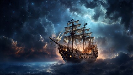 Fototapeta premium Pirate ship flying in the night sky