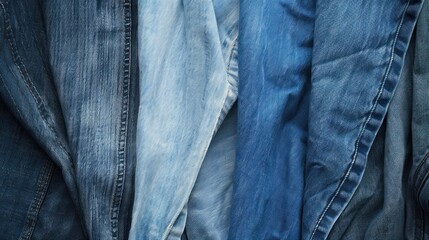 A close-up shot of different denim washes, from light blue to dark indigo