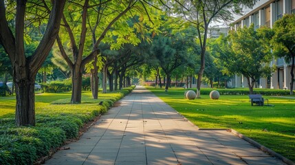 Obraz premium Tranquil Pathway Through a Lush Green Park.
