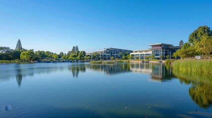 Obraz premium Modern Office Building with Pond Reflection.