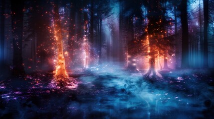 A forest with glowing trees and a stream of smoke