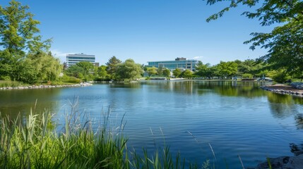 Obraz premium Calm Lake in Front of Modern Buildings