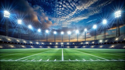 Empty football field under night sky with bright stadium lights, bright, illuminated, night, outdoor, empty, sports, football, field