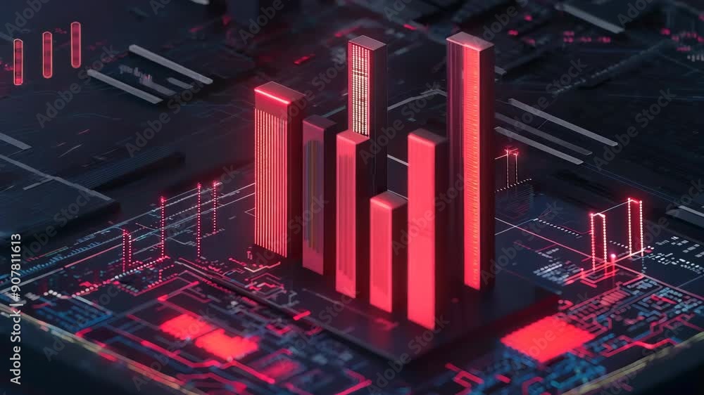 Poster abstract data visualization with vibrant bars on a digital platform, showcasing modern technology an