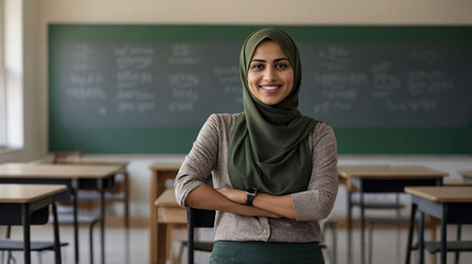Happy Muslim woman teacher wearing hijab is standing in school classroom with children. Arabic woman and school education
