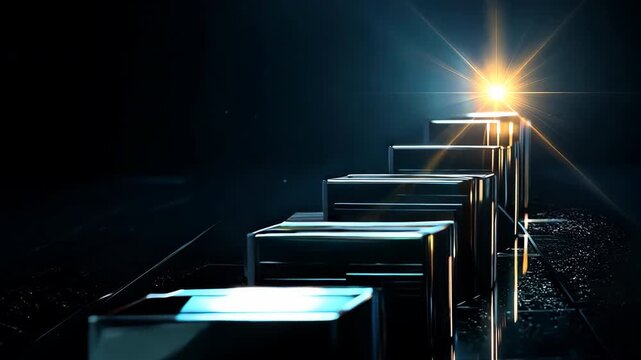 A series of metallic blocks aligned in a row, illuminated by a bright light, creating a dynamic and modern composition.