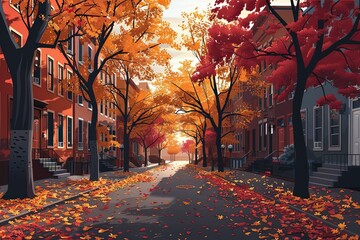 Beautiful autumn street scene with colorful trees and fallen leaves in a quaint neighborhood, capturing the essence of the fall season.
