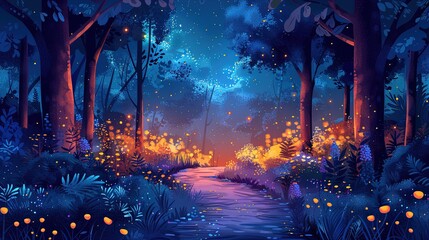 Enchanting fairy tale forest with magical glowing lights and a mystical path surrounded by lush foliage under a starry night sky.
