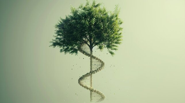 A DNA molecule morphing into a tree of life, symbolizing the evolutionary journey of all living things