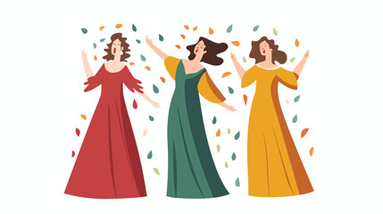 Three women dancing joyfully colorful dresses surrounded falling leaves. Multicolored celebration illustration diverse female characters expressing happiness. Joyful dance movement, red, green