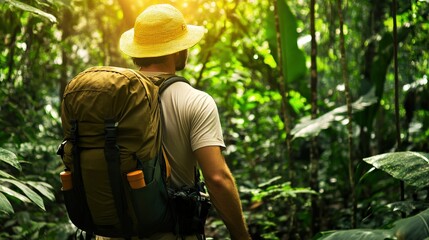 A man is walking through a jungle with a yellow backpack. The sun is shining brightly, casting a warm glow on the scene. The man is enjoying his time in the wilderness, taking in the sights