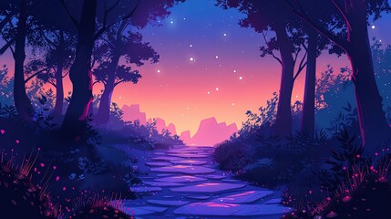 Obraz premium Magical forest path with starry sky at dawn, illuminated by soft hues of purple and orange. Dreamlike atmosphere in a woodland setting.