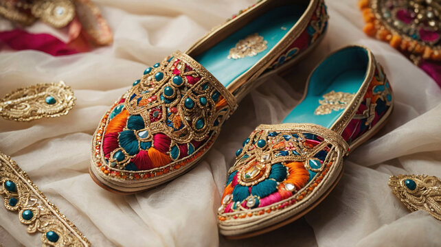 Traditional jutti shoes with embroidery and crystals. Handmade Punjabi jutti, Indian embroided shoes, close up