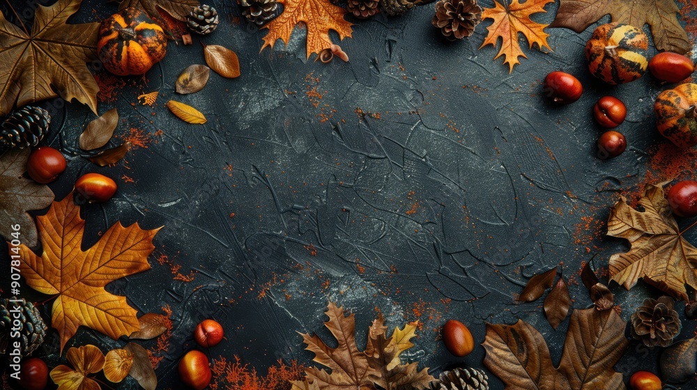 Poster autumn themed top down view with rustic border and copy space