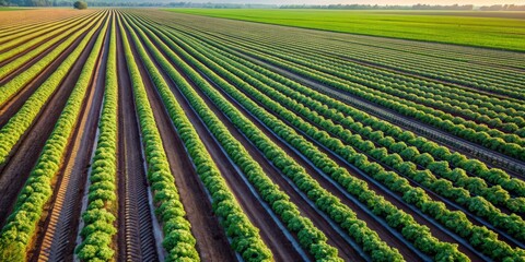 Arial view of a field of potato crops in a row, potato, crops, agriculture, farm, field, aerial view, growth, rows, harvest