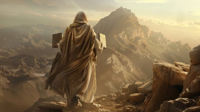 Moses stands atop Mount Sinai, illuminated by the golden sunset, holding the stone tablets inscribed with the Ten Commandments.