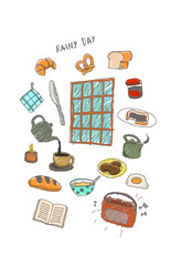 Colorfull Illustration art of objects to rainy days doodle