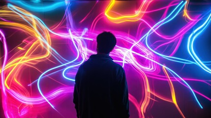Silhouette of a Person Standing in Front of a Wall of Abstract Neon Lights