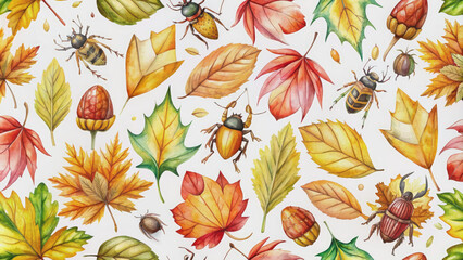 seamless pattern of autumn leaves and mushrooms, bugs, beetles, watercolor illustration, fall, layout, white background, wallpaper, ornament, season, seasonal decor, decorative, postcard, fly agaric