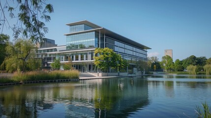 Obraz premium Modern Office Building with Lake Reflection.