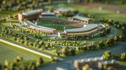 Obraz premium Generate a photo realistic image of a maquette illustrating a sports facility with stadiums, arenas, and sports training centers; ensure the image is of high resolution for clear and detailed quality