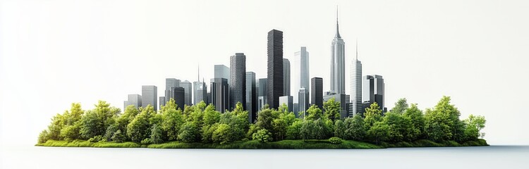 Fototapeta premium Cinematic side view of an extremely tall city skyline made from black plastic with green trees