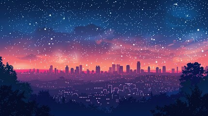 Naklejka premium Starry night sky above cityscape, urban tranquility, flat design illustration.,