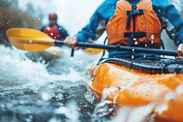 Fototapeta premium Happy people spending summer time kayaking fishing boating hobby water sports, Generative AI photo