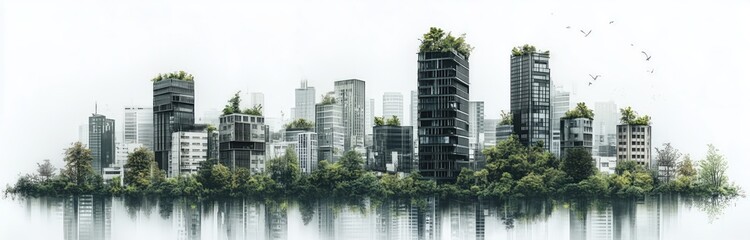Fototapeta premium Futuristic city skyline made of black and white concrete, tall buildings overgrown