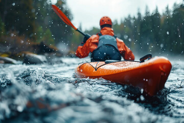 Naklejka premium Happy people spending summer time kayaking fishing boating hobby water sports, Generative AI photo