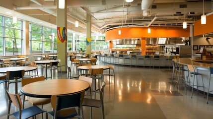 Modern Cafeteria Interior with Tables and Chairs.