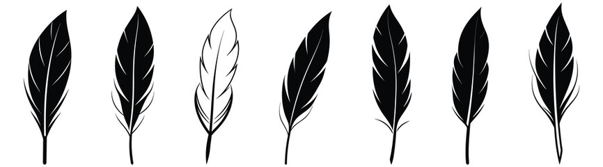 Set of Bird Feather. Feathers vector set in a flat style. Pen icon. Black quill feather silhouette. Plumelet collection isolated on white background vector EPS10