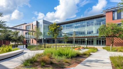 Obraz premium Modern office building with landscaped courtyard.