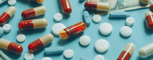 medicine and money on blue background
